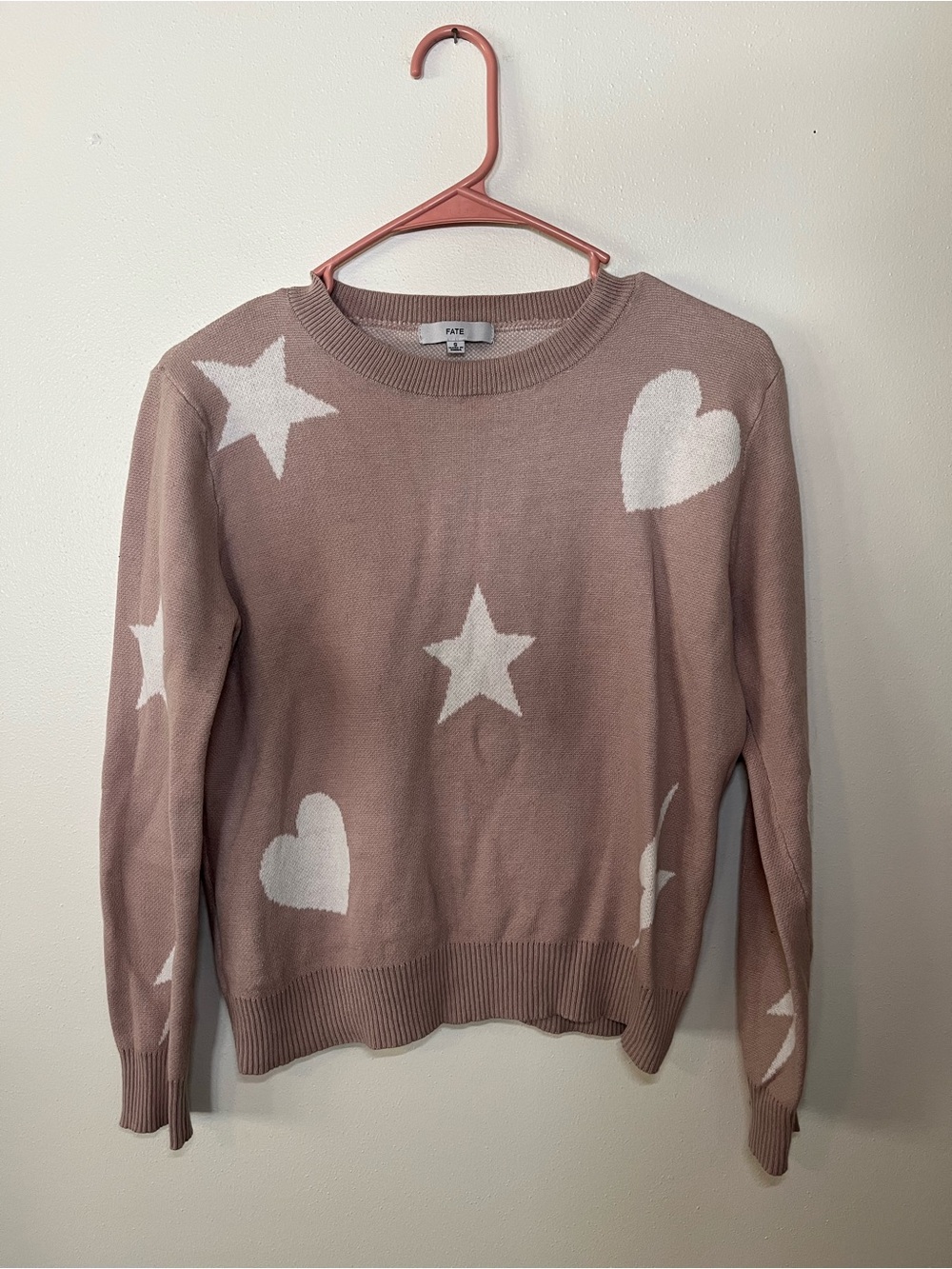 FATE Knit Heart & Star Crewneck Sweater - Dusty Rose. Size Small